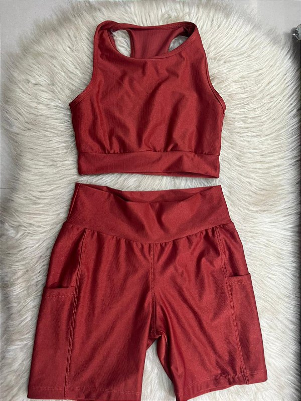 Conjunto Corrida Canelado Short Bolso+Top Cor Terra