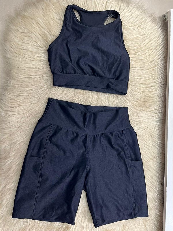 Conjunto Corrida Canelado Short Bolso+Top Cor Preto