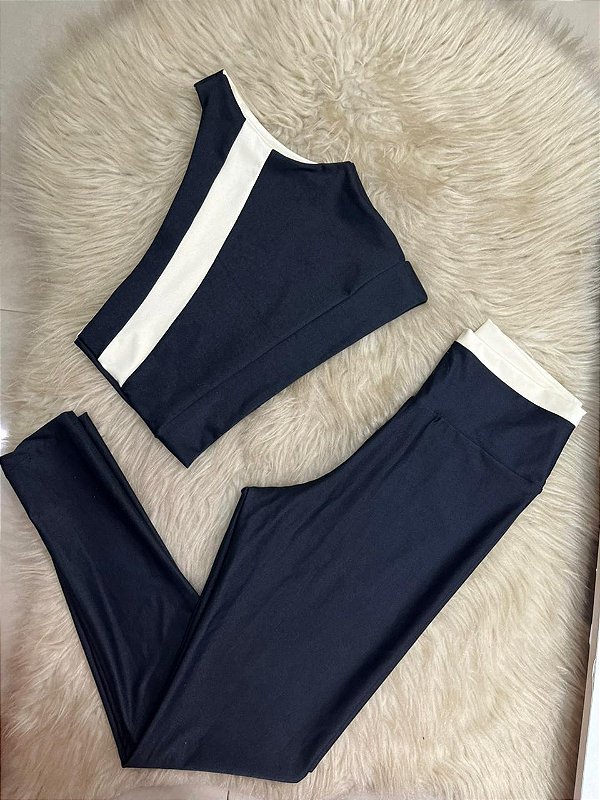 Conjunto Sofia Legging Canelado Poliamida+Top Cor Preto+Off