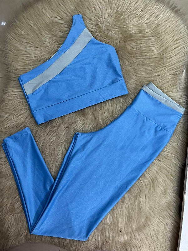 Conjunto Sofia Legging Canelado Poliamida+Top Cor Azul Celeste+Prata