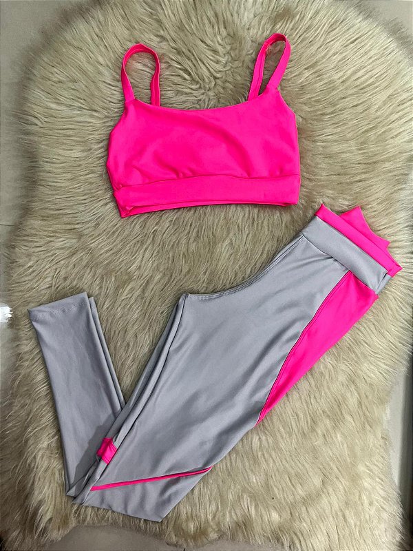 Conjunto Legging Vivo+Top Alça Reta Cor Prata+Rosa Neon