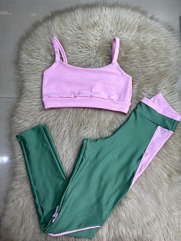 Conjunto Legging Vivo+Top Alça Reta Cor Verde Oliva+Rosa BB