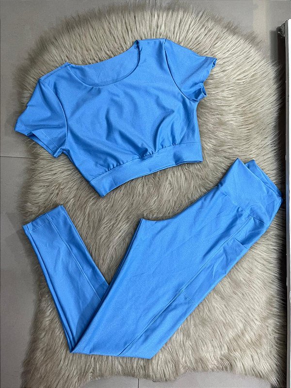 Conjunto Atitude Legging Canelado Poliamida+Top Cor Azul Celeste