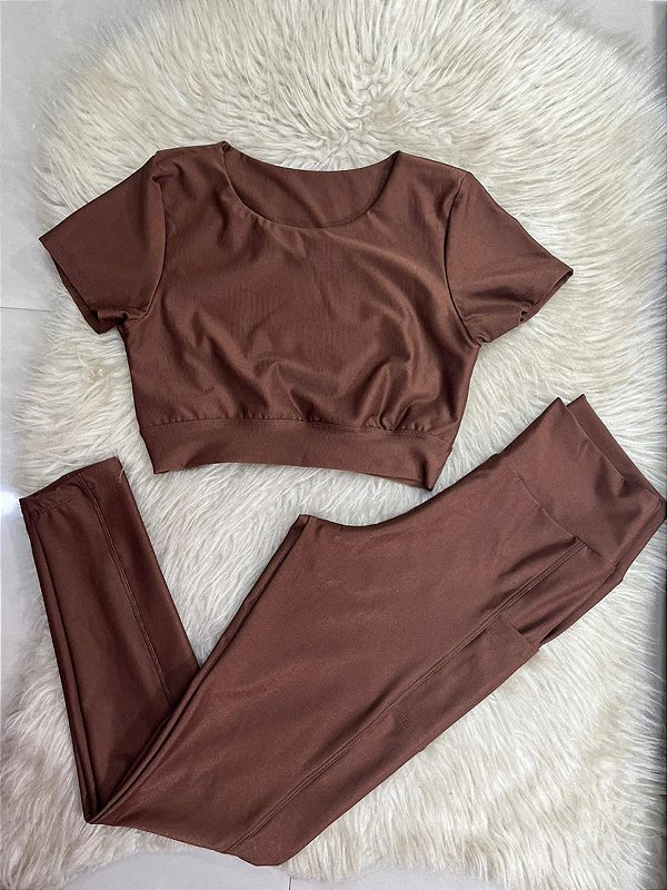 Conjunto Atitude Legging Canelado Poliamida+Top Cor Marrom