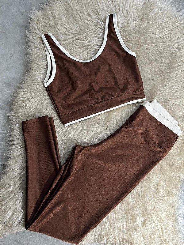 Conjunto Estilo Legging Canelado Poliamida+Top Cor Marrom+Off