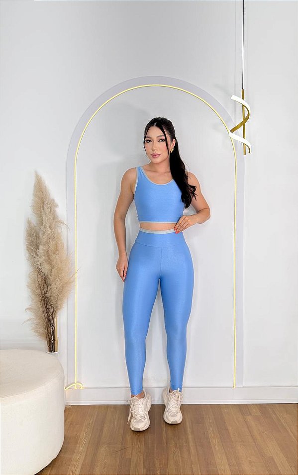 Conjunto Estilo Legging Canelado Poliamida+Top Cor Azul Celeste+Prata