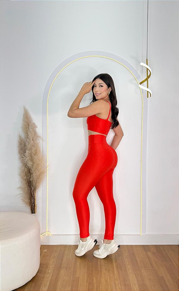 Conjunto Montaria Legging Canelado Poliamida+Top Cor Laranja Forte