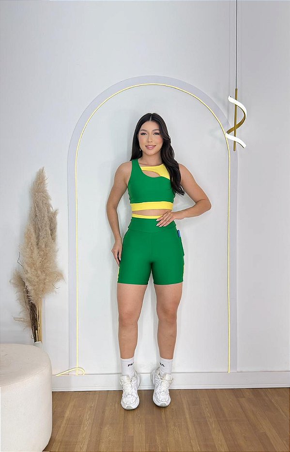 Conjunto Desempenho Short+Top Cor Verde Bandeira+Amarelo