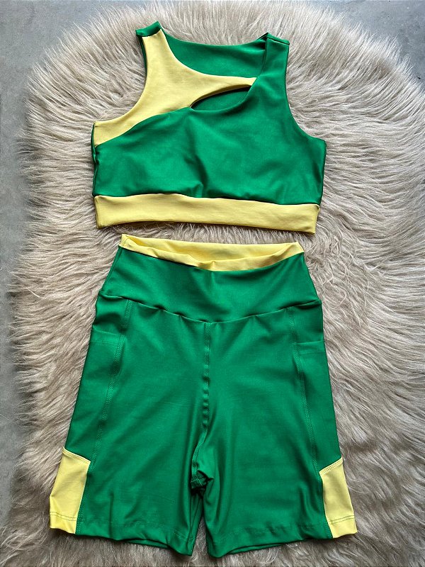 Conjunto Desempenho Short+Top Cor Verde Bandeira+Amarelo