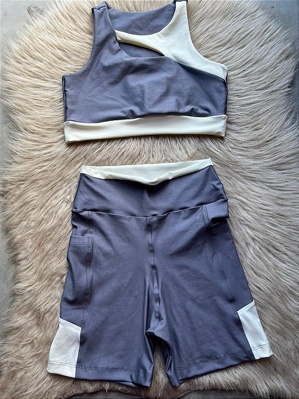 Conjunto Desempenho Short+Top Cor Cinza+Off