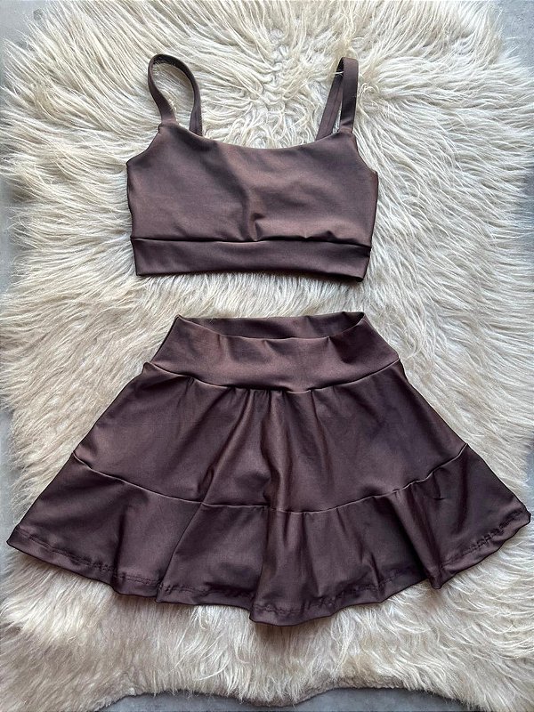 Conjunto Short e Saia+ Top Alça Reta Cor Marrom