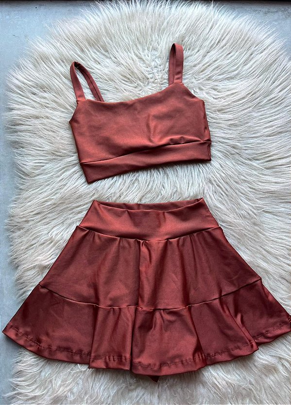 Conjunto Short e Saia+ Top Alça Reta Cor Cobre