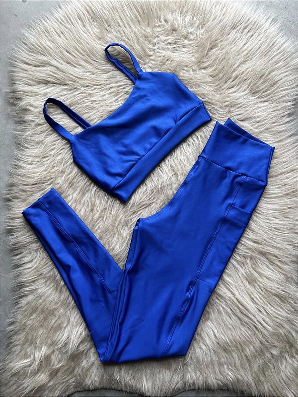 Conjunto Legging Bolso+Top Alça Reta Cor Azul Royal