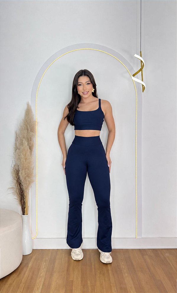 Conjunto Flare Legging+Top Alça Reta Cor Azul Marinho