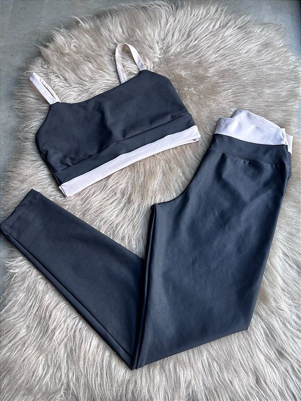 Conjunto Tamires Legging+Top Bicolor Cor Preto+Areia