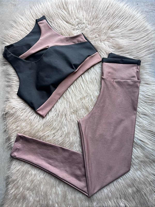 Conjunto Maria Legging+Top Bicolor Cor Cappuccino+Preto