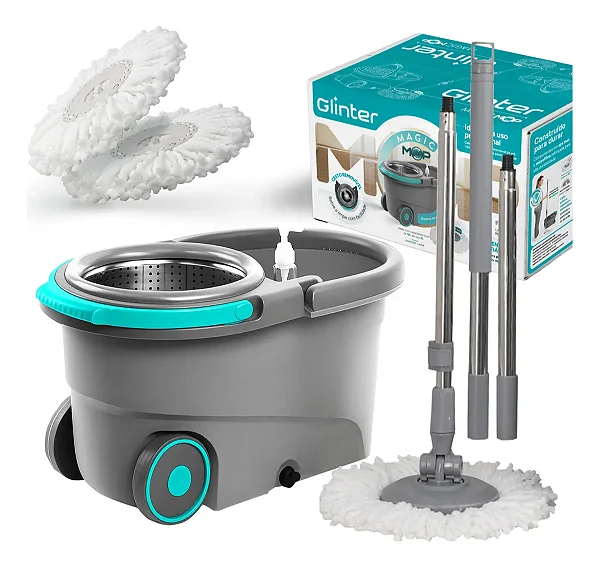 Mop Profissional Glinter - Cesto Inox - Balde 16 litros + 2 Refil Microfibra