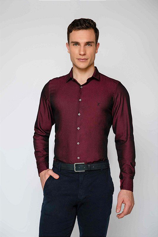 Camisa Social Masculina Fit Zaiko Denim Bordo