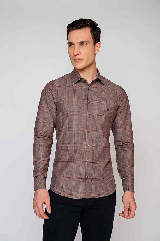 Camisa Social Masculina Fit Zaiko Xadrez Marrom