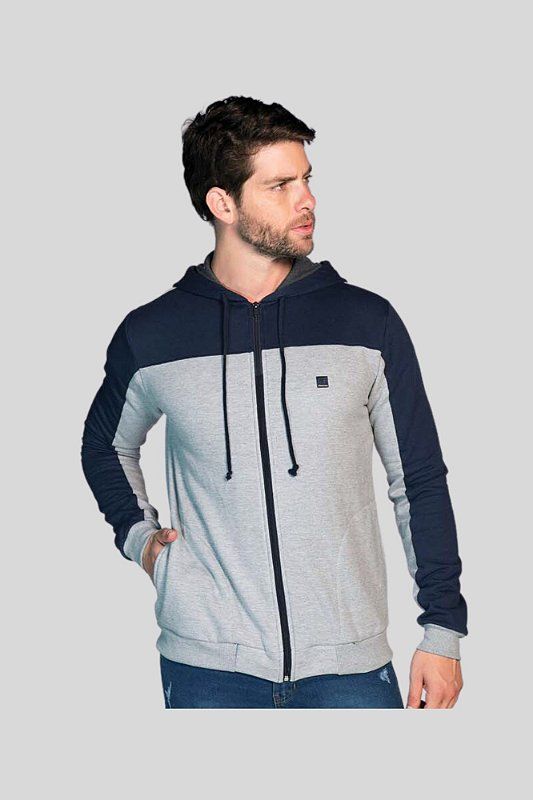 Blusa Moletom Cinza e Azul com Capuz e Ziper 2304