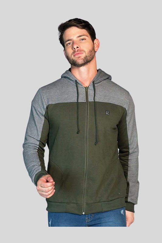 Blusa Moletom Verde e Cinza com Capuz e Ziper 2304
