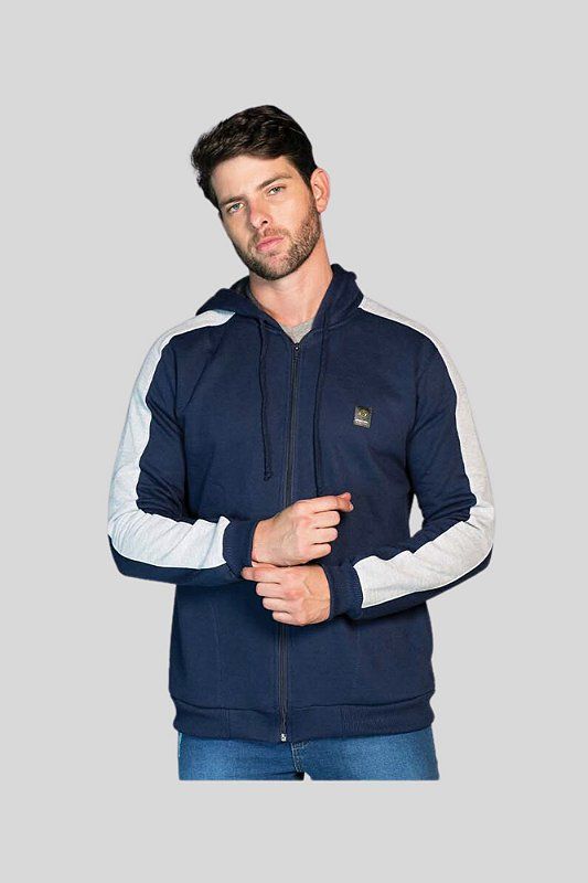 Blusa Moletom Azul com Capuz e Ziper Faixa Cinza Braço 2301