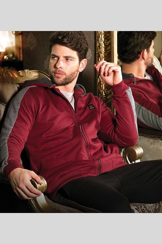 Blusa Moletom Vermelho com Capuz e Ziper Faixa Cinza Braço 2301