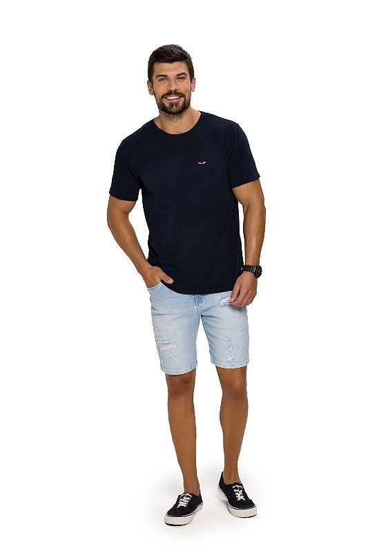 Bermuda Masculina Jeans Trich Slim Destroyed Azul Claro 116