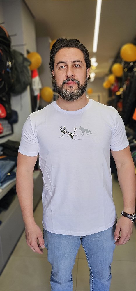 Camiseta Casual Acostamento Lobo e Rosa Branco 2038