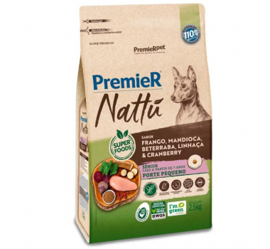 Ração Premier Nattú Cães Sênior Porte Pequeno Sabor Frango, Mandioca, Beterraba, Linhaça e Cranberry 2,5 Kg
