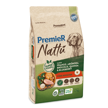 Ração Premier Nattú Cães Adultos Sabor Abóbora, Brócolis, Quinoa e Blueberry 12 Kg