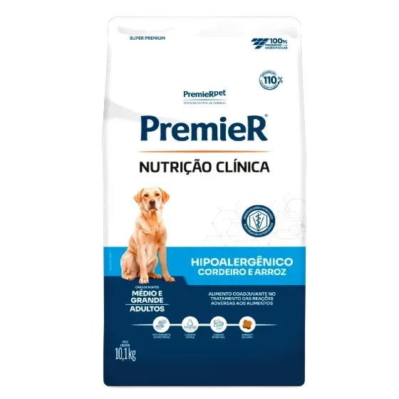 Ração Premier Nutríção Clínica Hipoalergênico Cordeiro e Arroz Cães Adultos Raças Grandes