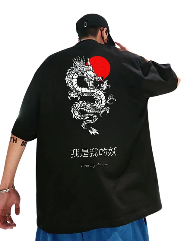 Camiseta Oversized 100% Algodão Premium Dragão Preta
