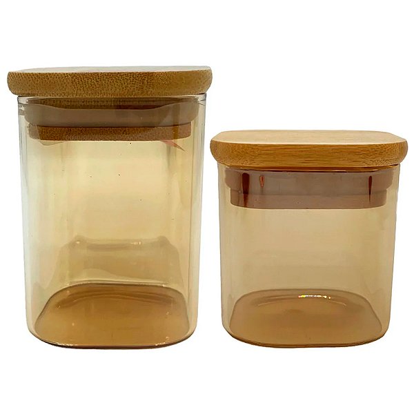 Pote de Vidro Âmbar Hermético Quadrado com Tampa de Bambu - 200 unidades - Rizzo Import