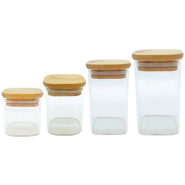 Pote de Vidro Hermético Quadrado com Tampa de Bambu - Rizzo Import