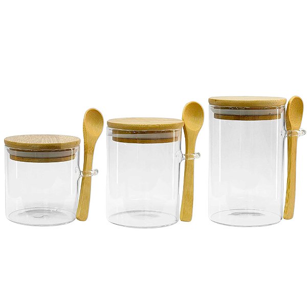 Pote de Vidro Hermético com Tampa e Colher de Bambu - 120 unidades - Rizzo Import