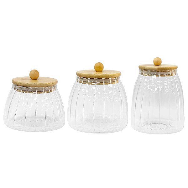 Pote de Vidro Bojudo Canelado Hermético com Tampa de Bambu - Rizzo Import