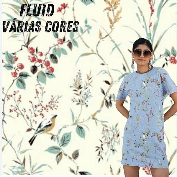 MALHA FLUID PASSAROS E FOLHAS VINTAGE