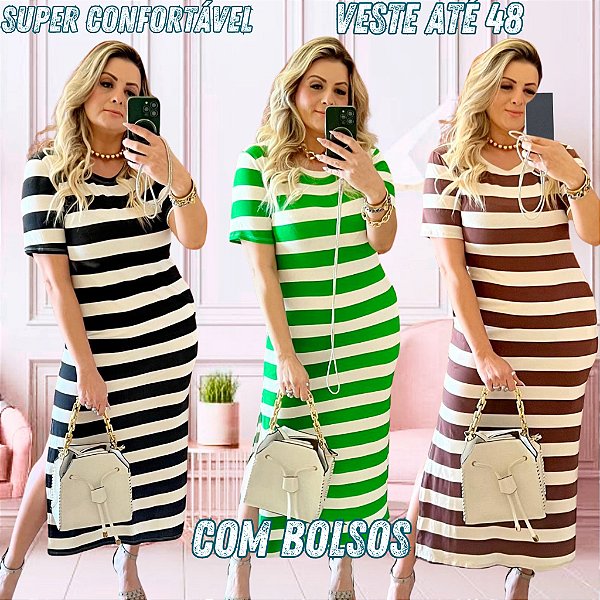 VESTIDO LONGO COM BOLSOS E FENDA LATERAL LISTRADO VERDE MARROM NUDE PRETO COM MANGA CONFORTÁVEL TAM ÚNICO (FORMA GRANDE)
