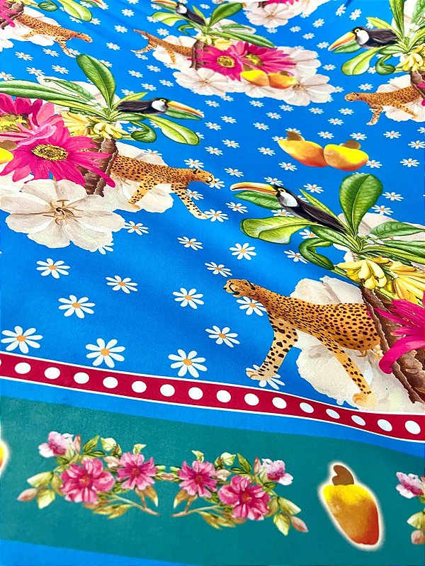 Malha Fluid Estampa Tropical Brasil Floral Tucano Azul com bastante elasticidade, ideal para roupas tecido confortavel l