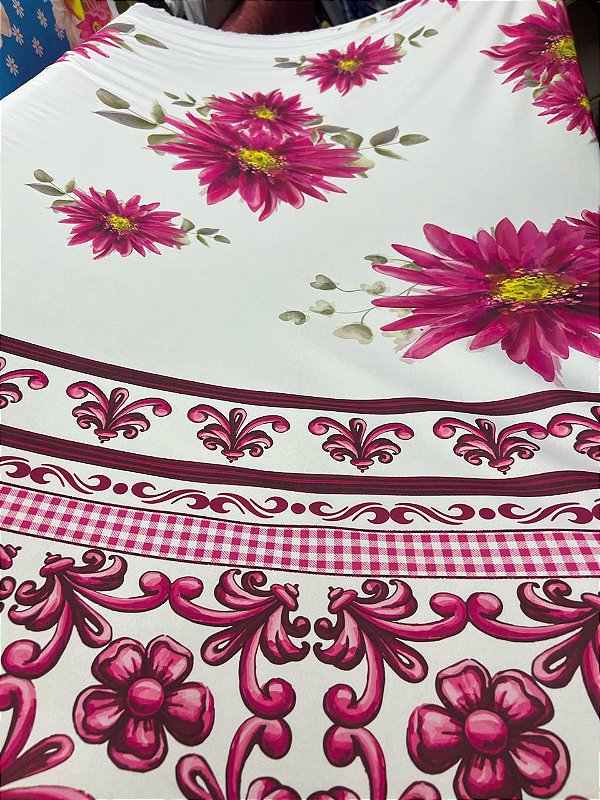 Tecido Malha Fluid Floral Azulejo Português Pink com Elastano para Roupa Feminina Vestidos conjuntos blusinhas leve e fr