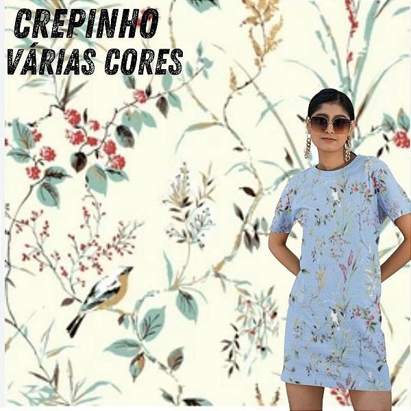 CREPINHO PASSARINHOS E FOLHAS VÁRIAS CORES VINTAGE