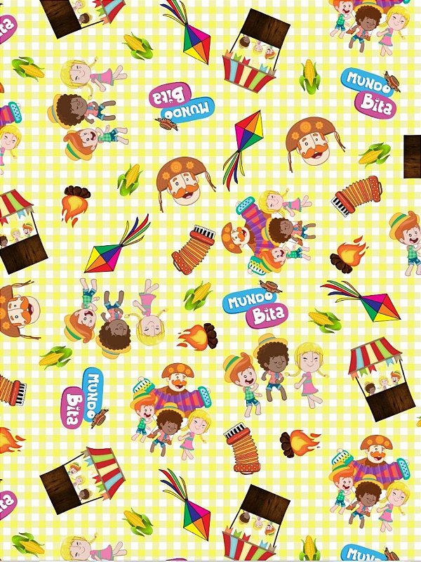 TECIDO CREPE FESTA JUNINA PERSONAGENS XADREZ VÁRIAS CORES  LEVE E FRESCO  PARA VESTIDO, BLUSA, CONJUNTO, SAIA, PANTALONA