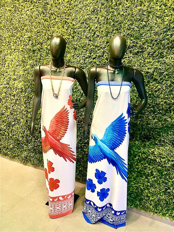 Tecido Crepe Arara Tropical azul vermelho com barrado estampado colorido vestido blusinha