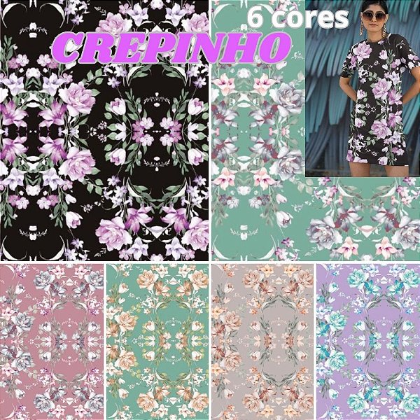 TECIDO CREPE FLORAL COLORIDO IDEAL PARA ROUPA FEMININA CAMISA CALCA BLUSINHA VESTIDO FEMININO