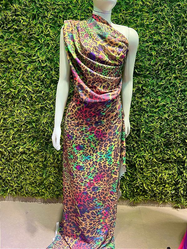 Tecido Crepe crepinho estampa animal print onça colorida ideal para confecção de Vestido Blusinha Canga Conjunto Fashion