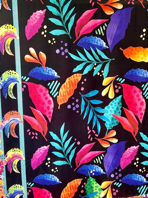 Tecido Crepe Estampado folhas coloridas com barrado tropical pano para vestido canga blusa