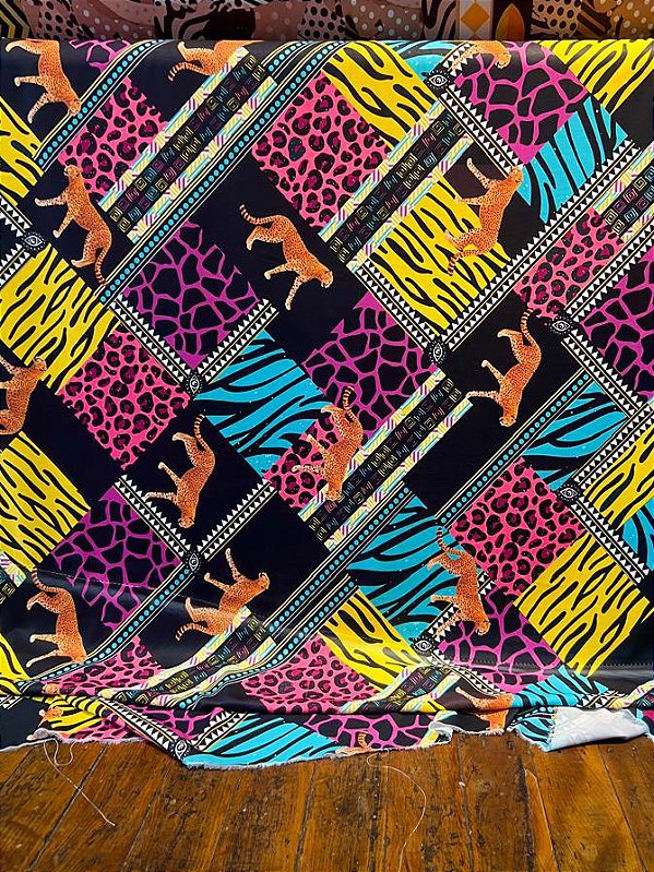 Tecido Crepe Estampado ANIMAL PRINT ONÇA COLORIDO pano para vestido canga blusa