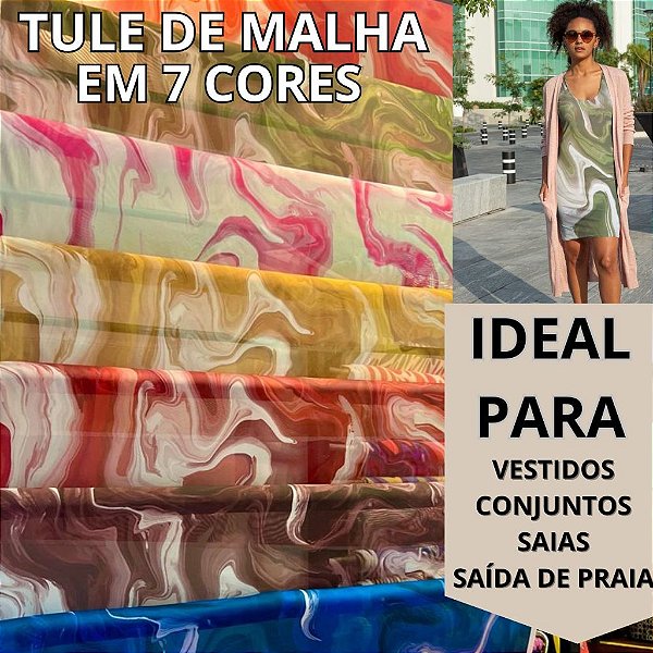 TULE DE MALHA MARMORIZADO EM 7 CORES 1 METRO ESTAMPA DA MODA PARA VESTIDOS BLUSA CONJUNTO SAÍDA DE PRAIA