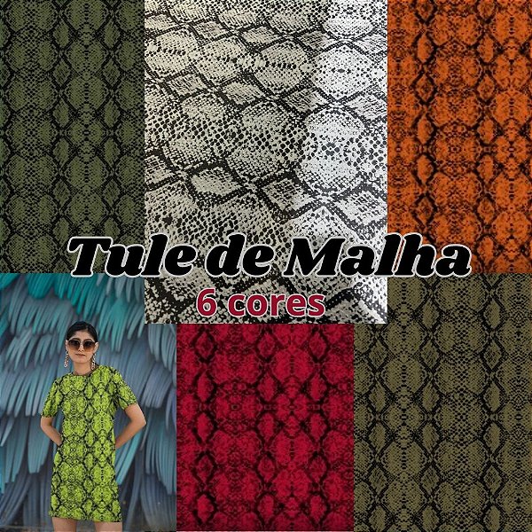 Tule de Malha em 6 opções de cores estampa cobra animal print com elastano 1m  para confecção de Vestidos , Saias, Blusa